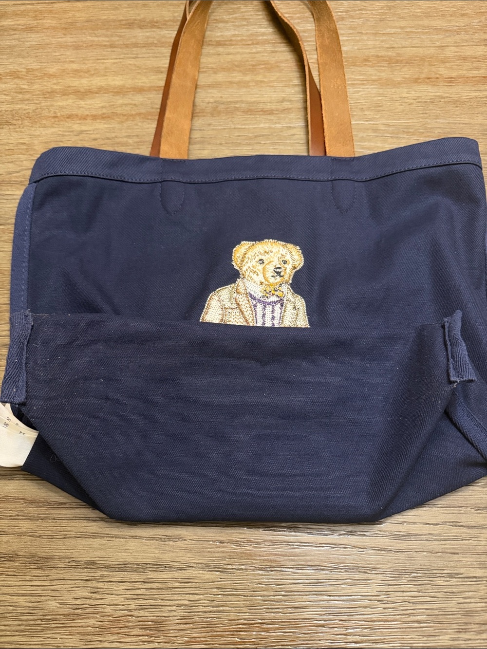 Ralph Lauren Navy Canvas Tote with Polo Bear and Brown genuine Leather Straps - Picture 5 of 5